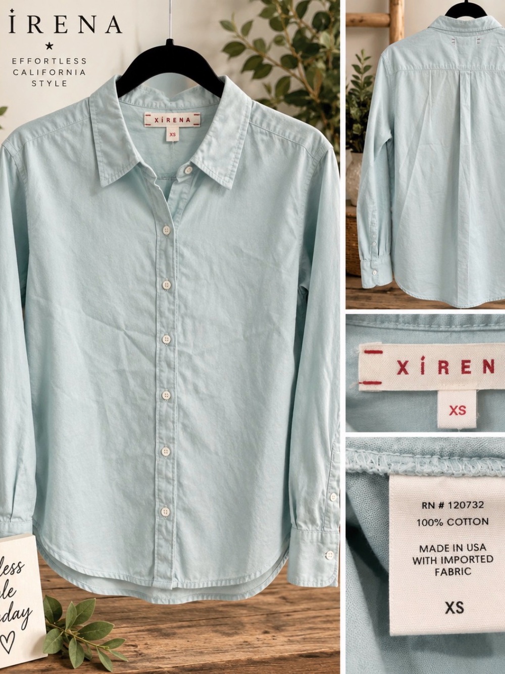 XiRENA Men’s Pale Blue Casual Cotton Button-Down Shirt P2P 21’